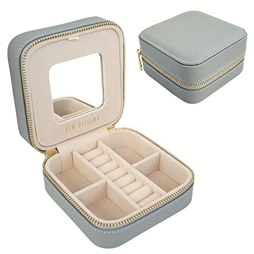 YSM Designs Reise-Schmuck-Organizer-Box, Reise-Schmuckkoffer | kleine Schmuckschatulle für Frauen, Schmuck-Reiseetui mit Spiegel | Muttertagsgeschenkidee (grau) von YSM Designs