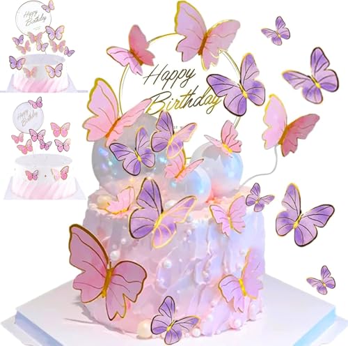 YSTrillion 21 Stück Schmetterlinge Torten Deko,Geburtstag Mädchen Cupcake Topper,3D Dreidimensional Kuchen Deko für Geburtstagsfeiern Hochzeit Babyparty Jubiläum(Rosa,Lila) von YSTrillion