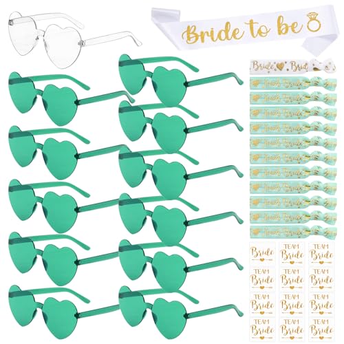 YSUVIN JGA Accessoires Frauen, 37 Stück Junggesellenabschied Frauen mit 1 Bride to be Schärpe, 12 Herz Sonnenbrille, 12 Bride Tattoo Aufkleber, 12Bride Armband, Grün von YSUVIN