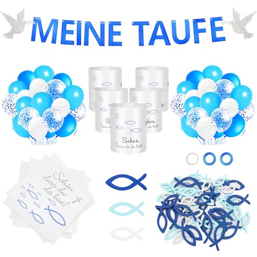 YSUVIN Taufe Deko, 119 Stück Junge Mädchen Deko Taufe, Meine Taufe Girlande, Luftballons, Servietten, Windlicht Tischdeko, Holz Fische Deko, Blau von YSUVIN