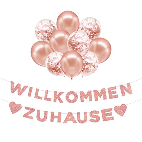 YSUVIN Welcome Home Deko, Willkommen Zuhause Girlande mit Welcome Home Banner und 10 Roségold Luftballons für Einweihungsparty, Zuhause, Geburt, Fest Dekorations von YSUVIN