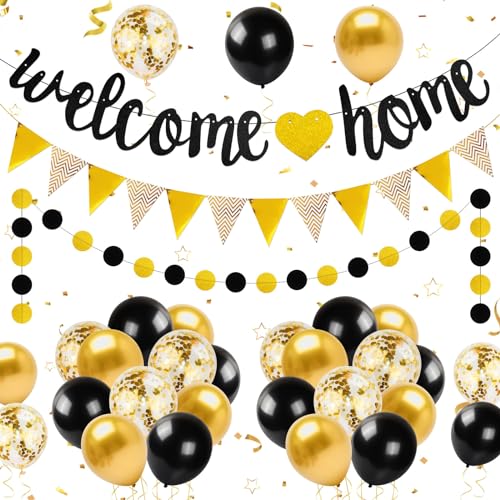 YSUVIN Welcome Home Dekoration, 1 Welcome Home Banner, 1 Runde Kette Banner, 1 Triangular Flag Banner, 20 Luftballons für Zuhause, Hochzeit, Einweihungsparty, Schwarz+Gold von YSUVIN