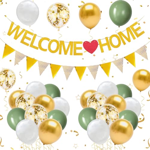 YSUVIN Welcome Home Dekoration, Herzlich Willkommen Girlande, 1 Welcome Home Banner, 1 Triangular Flag Banner, 20 Luftballons für Zuhause, Hochzeit, Einweihungsparty, Gold+Grün von YSUVIN