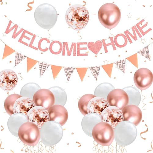 YSUVIN Welcome Home Dekoration, Herzlich Willkommen Girlande, 1 Welcome Home Banner, 1 Triangular Flag Banner, 20 Luftballons für Zuhause, Hochzeit, Einweihungsparty, Roségold von YSUVIN