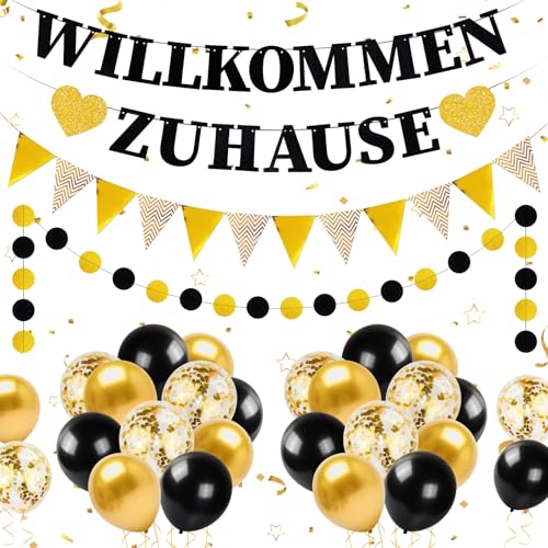 YSUVIN Willkommen Zuhause Deko, 1 Willkommen Zuhause Banner, 1 Runde Kette Banner, 1 Triangular Flag Banner, 20 Luftballons für Zuhause, Hochzeit, Einweihungsparty, Schwarz+Gold von YSUVIN