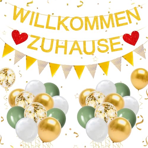 YSUVIN Willkommen Zuhause Deko, Herzlich Willkommen Girlande, 1 Willkommen Zuhause Banner, 1 Triangular Flag Banner, 20 Luftballons für Zuhause, Hochzeit, Einweihungsparty, Gold+Grün von YSUVIN