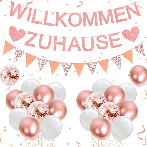 YSUVIN Willkommen Zuhause Deko, Herzlich Willkommen Girlande, 1 Willkommen Zuhause Banner, 1 Triangular Flag Banner, 20 Luftballons für Zuhause, Hochzeit, Einweihungsparty, Roségold von YSUVIN