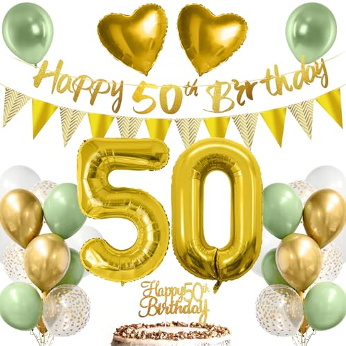 50. Geburtstag Deko Mann Frau, Luftballon 50 Deko Geburtstag Grün Gold Weiß mit Happy Birthday Girlande, Tortendeko für 50.ter Geburtstag Dekoration von YSWOVUO