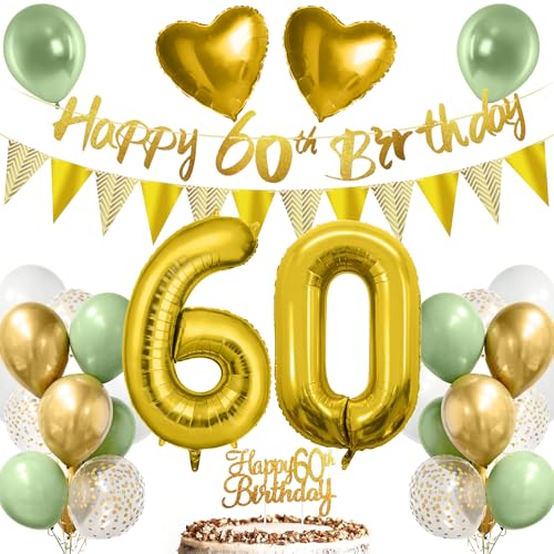 60. Geburtstag Deko Mann Frau, Luftballon 60 Deko Geburtstag Grün Gold Weiß mit Happy Birthday Girlande, Tortendeko für 60.ter Geburtstag Dekoration von YSWOVUO