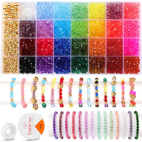 YSWOVUO 2800 Stück 6mm Kristall Facettierte Perlen für Armbänder, 28 Farben Crystal Bicone Beads mit 190 Stück 4 Größe Golden Perlen, Perlen zum Auffädeln für Halskette Ohrringen DIY Basteln von YSWOVUO