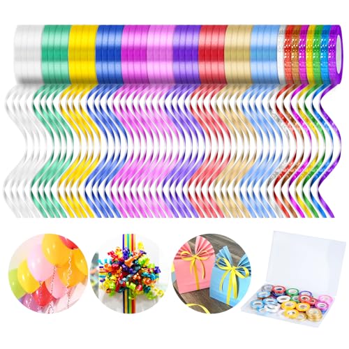 YSWOVUO 48 Rollen Geschenkband, 5MM Schleifenband Set, 10M Ringelband Ballonband, Geschenkbänder für Ballonverschlüsse, Geschenkverpackung, Hochzeitsdeko, Basteln von YSWOVUO