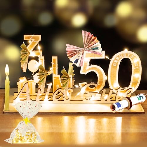 YSWOVUO 50. Geburtstag Frau Mann, Geldgeschenke Holz mit LED Lichterkette, Geschenk zum 50 Geburtstag Mann Frau, Geschenkideen zum 50 Geburtstag, Alles Gute von YSWOVUO