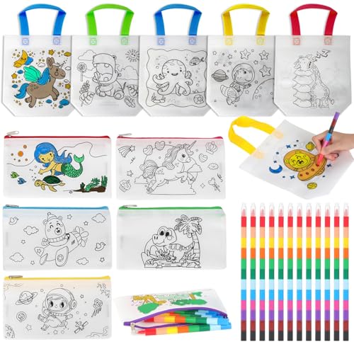 YSWOVUO 12 Stück Non-Woven Stoffbeutel und Federmäppchen zum Bemalen + 12 Stück Stapelbare Buntstifte, DIY Graffiti Taschen zum Bemalen für Kinder, Kindergeburtstag Gastgeschenke von YSWOVUO