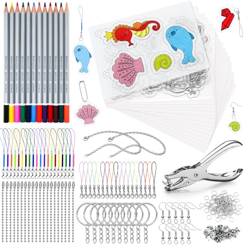 YSWOVUO Schrumpffolie Set, 225 Stück Shrink Plastic zum Basteln, 20 Blank Schrumpffolie Set mit Schlüsselanhänger, Bleistifte, Kugelketten, Locher, Pinzette, DIY Handwerk Dekorationen von YSWOVUO