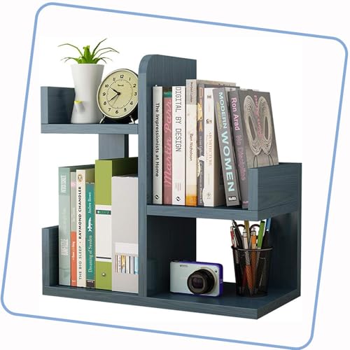 3-stöckiges Mini-Bücherregal für den Schreibtisch, Computertisch, Wohnheim-Schreibtisch, Bücherregal, 40,6 cm, Mehrzweck-Ausstellungsregal für Bürobedarf, Bücher, Pflanzen, Spielzeug (Farbe: Blau) von YSXXIAN