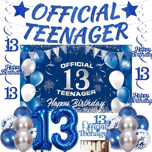 13. Geburtstag Dekorationen Blau Banner - 20 Stück Offizielles Teenager Banner Happy Birthday Hintergrund Nummer 13 Folienballon hängende Wirbel Silber Latex Ballons für Jungen Party Supplies von YTEWFGL