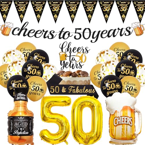 50. Geburtstag Dekorationen Männer Gold – 26 Stück Partydekorationen mit Cheers To 50 Years Banner Nummer 50 Folienballon 50. Zeichen Latexballons Champagnerbecher Ballon für Frauen 50. Partyzubehör von YTEWFGL