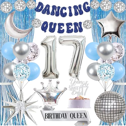 Dancing Queen 17. Geburtstag Dekorationen – 26 Stück Mamma Mia Party Dekoration Geburtstag Queen Schärpe Young & Sweet Only 17 Cake Topper Disco Ball Ballons Zahl 17 Ballon für Abba Party Supplies von YTEWFGL