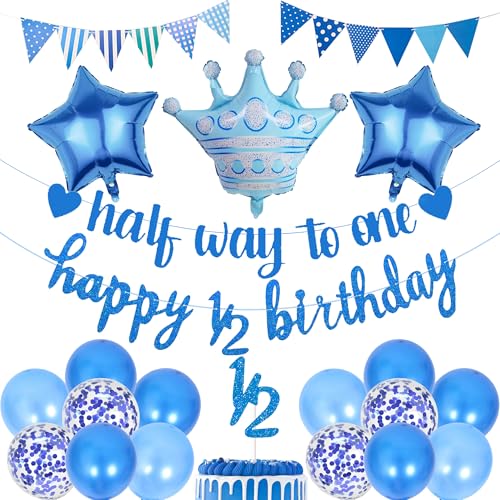 Half Way To One Dekorationen – 20 Stück Blau 6 Monate Party Dekor einschließlich Happy 1/2 Birthday Banner Dreieck Flagge Stern Folienballon Konfetti Ballons für Baby Jungen Geburtstag Supplies von YTEWFGL