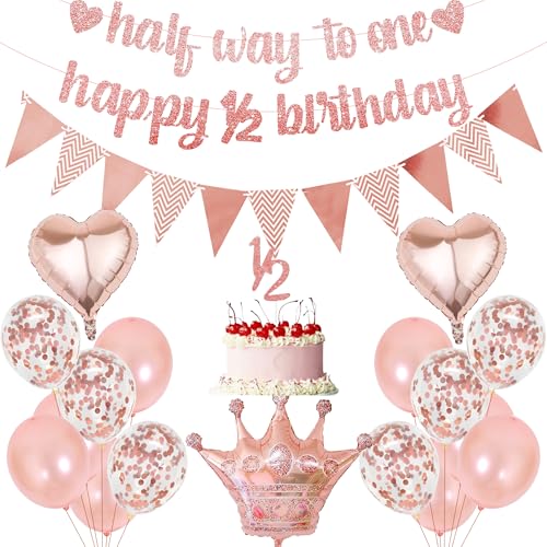 Half Way To One Dekorationen – 20 Stück Happy 6 Monate Dekoration, einschließlich Roségold Happy 1/2 Birthday Banner Dreieck Flagge Konfetti Latex Ballons für Baby Mädchen Party Supplies von YTEWFGL