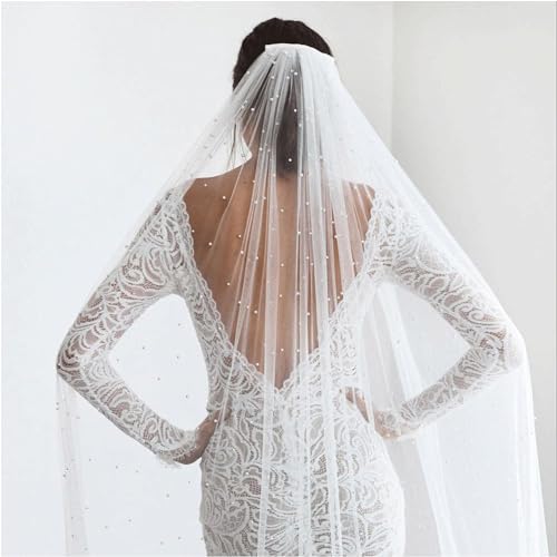 YTGHBIML Hochzeitsschleier Braut-Tüll-Polyester-Schleier, Perlen-Hochzeitsschleier, 1-stufiger Braut-Tüll-Schleier, 75–300 cm Länge, Schleier für Damen, einfacher Brautschleier wiederverwendbar von YTGHBIML