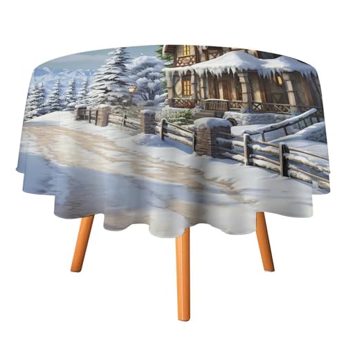 YTLKGFP Runde Tischdecke, Polyester, 177,8 cm, Weihnachten, Winter, Happy Scene, bedruckt, dekorative Tischdecke für Esstisch, Buffet, Partys und Camping von YTLKGFP