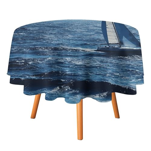 YTLKGFP Runde Tischdecke, Polyester, 178 cm, Motiv: blaues Segelboot, bedruckt, dekorative Tischdecke für Esstisch, Buffet, Partys und Camping von YTLKGFP