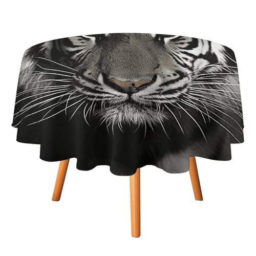 YTLKGFP Runde Tischdecke, Polyester, 178 cm, Schwarz und Weiß, Tiger-Druck, dekorative Tischdecke für Esstisch, Buffet, Partys und Camping von YTLKGFP