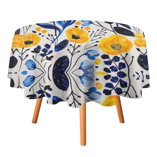 YTLKGFP Runde Tischdecke, Polyester, 178 cm, gelbe und blaue Blumen, bedruckt, dekorative Tischdecke für Esstisch, Buffet, Partys und Camping von YTLKGFP