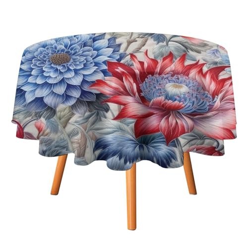 YTLKGFP Runde Tischdecke, Polyester, 178 cm, rote und blaue Blumen, bedruckt, dekorative Tischdecke für Esstisch, Buffet, Partys und Camping von YTLKGFP