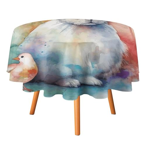 YTLKGFP Runde Tischdecke, Polyester, Motiv: Hase und Vogel, bedruckt, dekorative Tischdecke für Esstisch, Buffet, Partys und Camping, 178 cm von YTLKGFP