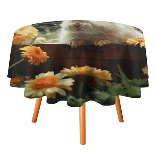 YTLKGFP Runde Tischdecke, Polyester, Motiv: Kaninchen und Blumen, bedruckt, dekorative Tischdecke für Esstisch, Buffet, Partys und Camping, 178 cm von YTLKGFP