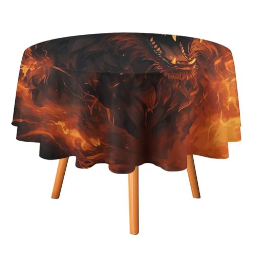 YTLKGFP Runde Tischdecke, Polyester, Motiv: Wilder Wolf im Feuer, bedruckt, dekorative Tischdecke für Esstisch, Buffet, Partys und Camping, 178 cm von YTLKGFP