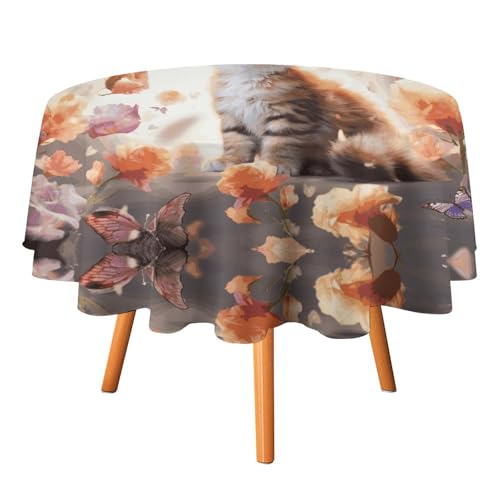 YTLKGFP Runde Tischdecke, Polyester, Motiv: niedliches Kätzchen, Schmetterling, bedruckt, dekorative Tischdecke für Esstisch, Buffet, Partys und Camping, 178 cm von YTLKGFP