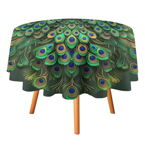 YTLKGFP Runde Tischdecke, Polyester, Pfau mit Quasten, bedruckt, dekorative Tischdecke für Esstisch, Buffet, Partys und Camping, 178 cm von YTLKGFP