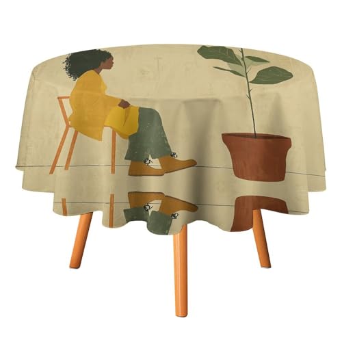 YTLKGFP Runde Tischdecke, Polyester, Topfpflanze und Frau, bedruckt, dekorative Tischdecke für Esstisch, Buffet, Partys und Camping, 178 cm von YTLKGFP