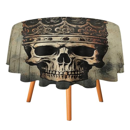 YTLKGFP Runde Tischdecke, Polyester, elegant, Totenkopf-Krone, bedruckt, dekorative Tischdecke für Esstisch, Buffet, Partys und Camping, 177,8 cm von YTLKGFP