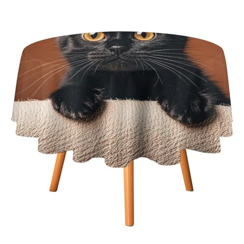 YTLKGFP Runde Tischdecke, Polyester, mit niedlicher schwarzer Katze, bedruckt, dekorative Tischdecke für Esstisch, Buffet, Partys und Camping, 178 cm von YTLKGFP