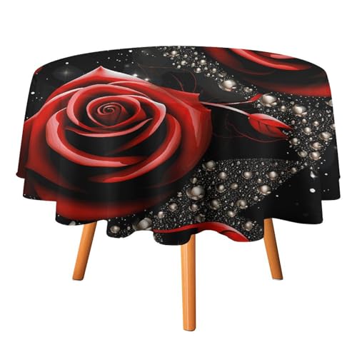 YTLKGFP Runde Tischdecke aus Polyester, 178 cm, rote Rosen und Sterne, bedruckt, dekorative Tischdecke für Esstisch, Buffet, Partys und Camping von YTLKGFP