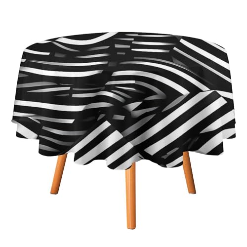 YTLKGFP Runde Tischdecke aus Polyester, 178 cm, schwarze und weiße Linien, bedruckt, dekorative Tischdecke für Esstisch, Buffet, Partys und Camping von YTLKGFP