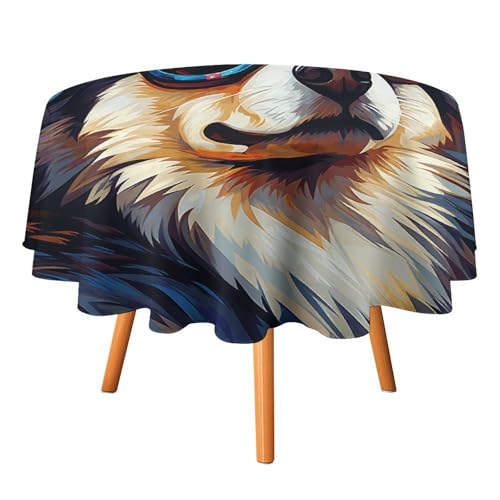 YTLKGFP Runde Tischdecke aus Polyester, Motiv Hund mit Brille, bedruckt, dekorative Tischdecke für Esstisch, Buffet, Partys und Camping, 178 cm von YTLKGFP