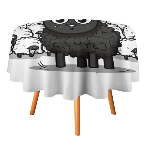 YTLKGFP Runde Tischdecke aus Polyester, Motiv: Cartoon, schwarz-weißes Schaf, bedruckt, dekorative Tischdecke für Esstisch, Buffet, Partys und Camping, 178 cm von YTLKGFP