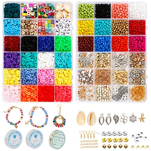 YTOPRO 48 Gitter Perlen Set 3000 Stück Perlen 21 Farben Perlen Zum Auffädeln Perlen Set für Armbänder mit 150 Buchstabenperlen Liebe Seestern Muschelschale Perlen für Schmuck Selber Machen Set von YTOPRO