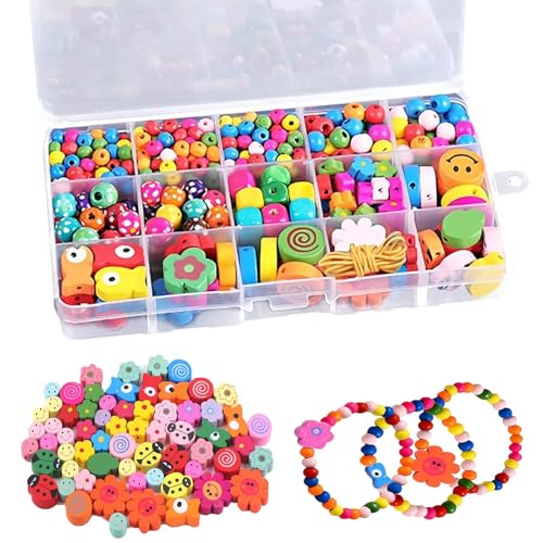 Holzperlen zum Auffädeln, 400 Stück Bastelperlen Set Bunte Holzperlen Smiley Perlen für Armbänder Kinder DIY Schmuckperlen für Halskette Ohrringe von YTSMFL