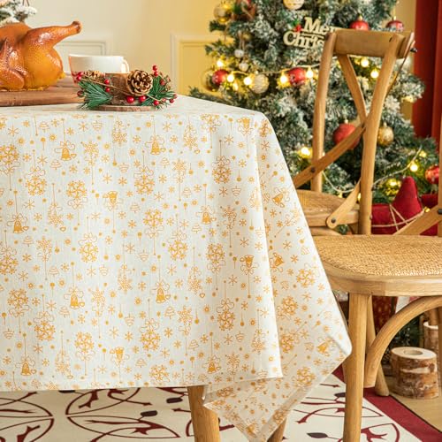 YUANBAO Weihnachts-Tischdecke, Gold Glänzend Schneeflocke Glöckchen Sterne Tischdecke, Abwaschbar Weihnachten Tischdecke Tisch Winter Esstisch Deko Geschenk (Weiß,135x260cm) von YUANBAO