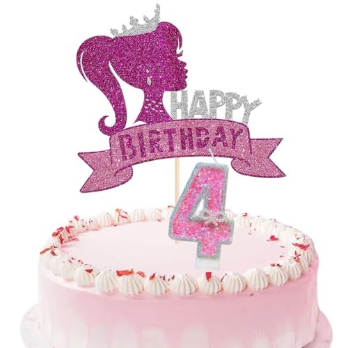 Rosa Mädchen Cake Topper 4 Geburtstag Kerze Prinzessin Happy Birthday Cake Toppers Set für Kinder Mädchen Happy Birthday Party Kuchen Dekoration von YUANJIASHUN YAO