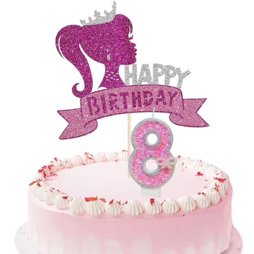 Rosa Mädchen Cake Topper 8 Geburtstag Kerze Prinzessin Happy Birthday Cake Toppers Set für Kinder Mädchen Happy Birthday Party Kuchen Dekoration von YUANJIASHUN YAO