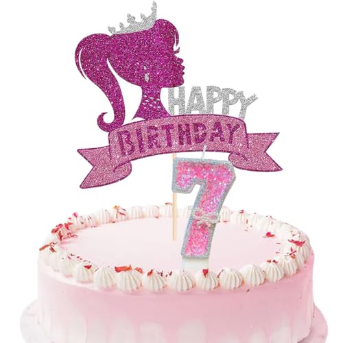 Rosa Mädchen Kuchen Topper 7 Geburtstag Kerze Prinzessin Happy Birthday Cake Toppers Set für Kinder Mädchen Happy Birthday Party Kuchen Dekoration von YUANJIASHUN YAO