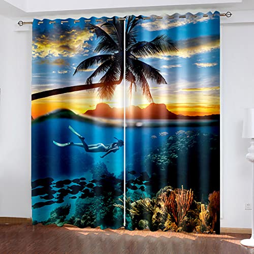 Verdunkelungsvorhang Kinderzimmer Mit Ösen Kinder Mädchen Junge Wunderschönes Sonnenuntergang Meer Muster 200X214Cm Vorhänge Wohnzimmer Schlafzimmer Küche Blickdichte Gardinen 2Er Set Thermovorhang H von YUANSH