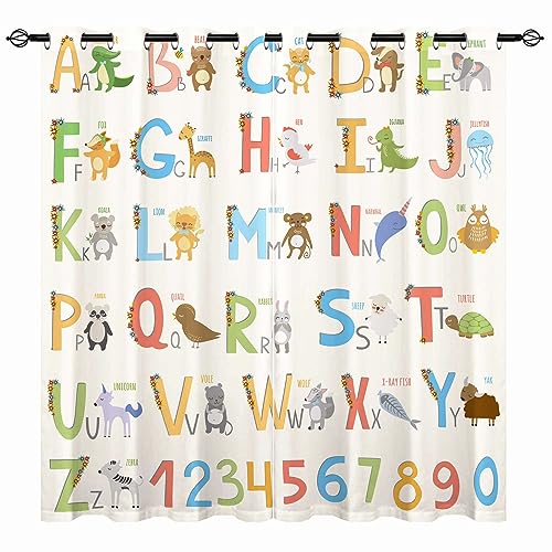 YUANZU ABC Vorhänge Alphabet mit Cartoon Tiere Ösen Gardinen mit Blickdichte Thermo Vorhang Kälteschutz Blackout Curtain Kinderzimmer Schlafzimmer Verdunkelung Fenster, 2 Stück, H 160 x B 106 cm von YUANZU